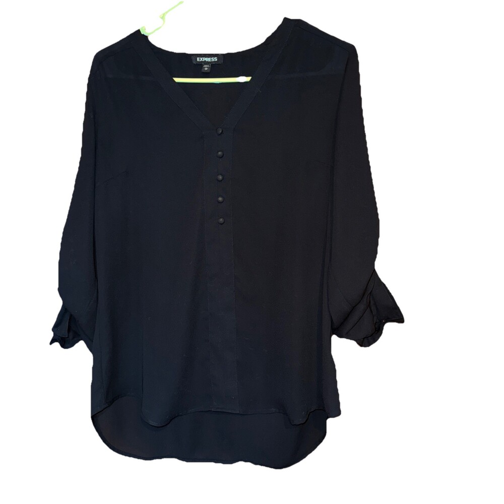Express Top Womens Medium Black The Portofino Shirt Chiffon Blouse Roll Tab Slv